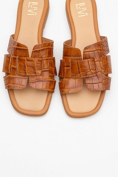 LuviShoes Notre Tan Print Genuine Leather Women's Slippers