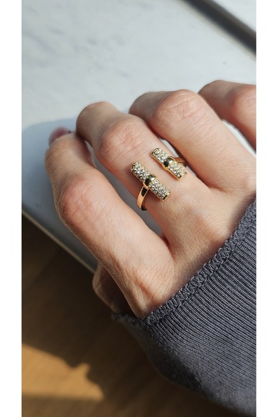 stainless steell Stray | Via Aurelia Ring | Elegant Stone Detailed Double Stripe Gold Ring