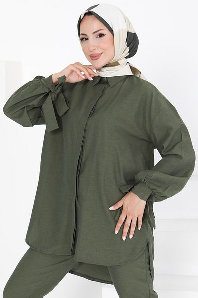 TOFİSA Double Suit with Sleeve Detail Dark Khaki - 27085