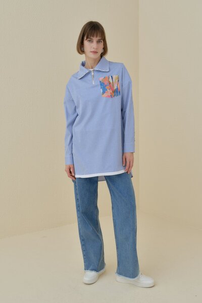 Nihan Fermuar Detaylı Kumaş Garnili Çizgili Pamuk Tunik İndigo