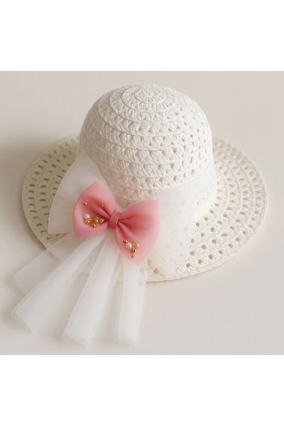 ESİLA KİDS Girls' Pink Bow Summer Straw Hat with Pearl and Bead Decoration 3-8 Years Old