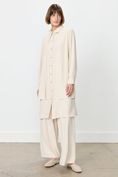 Nihan Taş Detaylı Pantolon Tunik Takım Bej