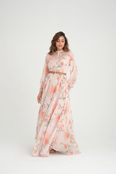 Stylish Elegant apricot floral dress decorated with lace and an elegant belt