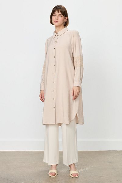 Nihan Lace and Mesh Detailed Tunic Beige