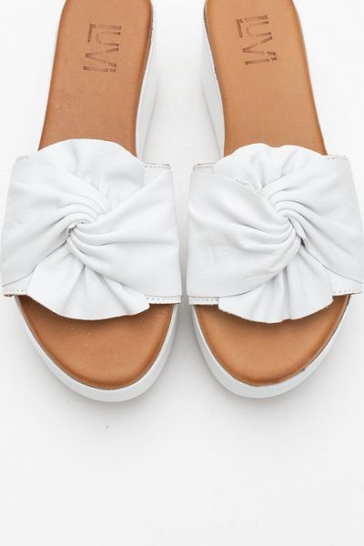 LuviShoes Jeff White Skin Genuine Leather Bow Women's Wedge Heeled Slippers