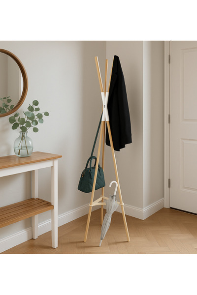 PorBig Dekoratif Ahşap Ayaklı Portatif Askılık – 6 Askı, 3 Şemsiye Bölmeli