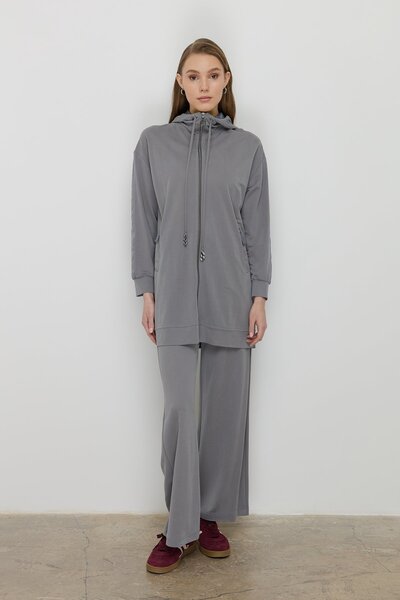 Nihan Spor Mix Kumaş Detaylı Pantolon Tunik Örme Takım Gri