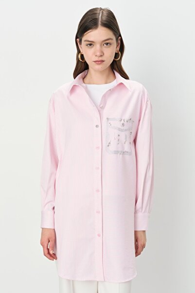 Nihan Taşlı Cep Görünümlü Çizgili Gömlek Pamuk Tunik Pembe