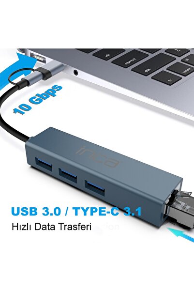 Inca Iutp-03Tx USB Hubx3 USB 3.0 10 Gbps+Ethernet Rj45 1000Mbps Multiplexer Aluminum Case
