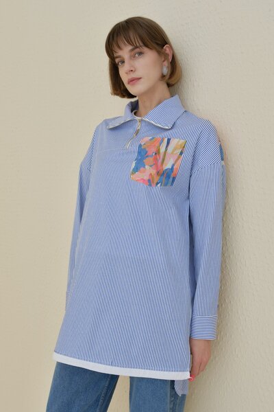 Nihan Fermuar Detaylı Kumaş Garnili Çizgili Pamuk Tunik İndigo