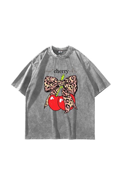 Bak Moda Tricou alb lavabil unisex oversize cu imprimeu Sweet Cherry Vibes