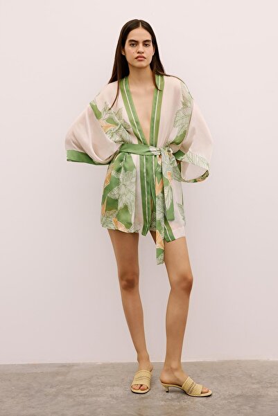 Rue Studio Tropikal Desenli Kuşaklı Yeşil Kimono
