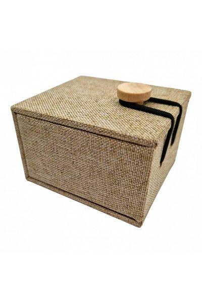 OEM Jewelry box, jute design with wooden button, 7x6x4.5 cm