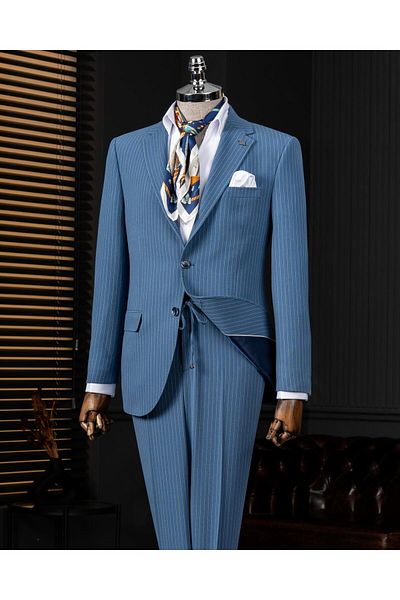 TerziAdemAltun Italian Style Slim Fit Seersucker Fabric Jacket Pant Suit Blue T13873