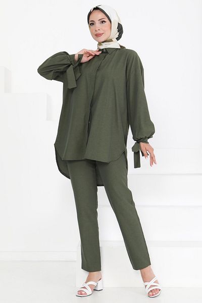 TOFİSA Double Suit with Sleeve Detail Dark Khaki - 27085