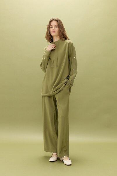 Nihan Kol Detaylı Pantolon Tunik Takım Olive