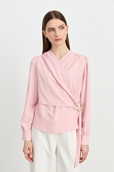 Nihan Büzgü Detaylı V Yaka Şık Bluz Pudra
