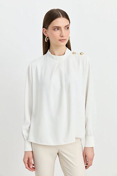 Nihan Omzu Düğmeli Şık Bluz Ekru