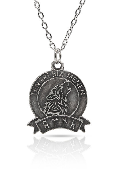 kolbi Tengri Biz Menen Kurt Figürlü Kolye – Antik Gümüş Kaplama Klasik Zincirli