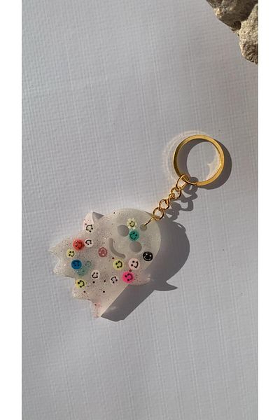 MISS GOLDEN White Smile Sequin Decorated Gold Accessory Ghost Shape Keychain Handmade Epoxy Gift