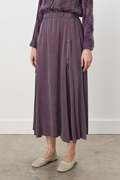 Nihan Premium Çift Fermuar Detaylı Kloş Cupra Etek Mürdüm