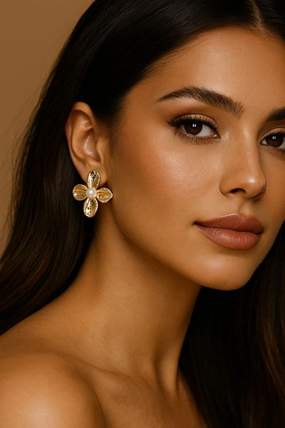 Luminos Butik Pearl Touch: Metal Flower Form Shiny Earrings Mk007-Gold