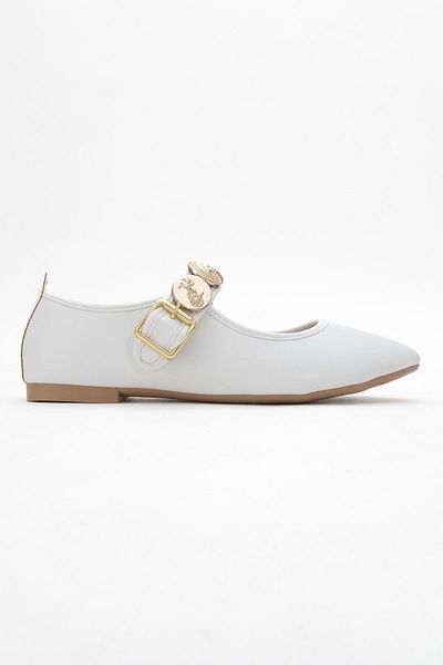 CCWAY AYAKKABI Women's Belted Crested Single-Piece Blunt Toe Ballerinas White
