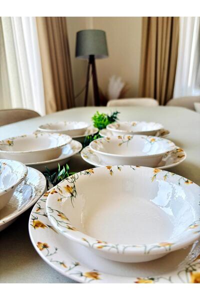 Yiğit Seramik Züccaciye Sarı Çiğdem Model 12 Parça Modern Yemek Takımı (6 Çorba + 6 Yemek Tabağı)