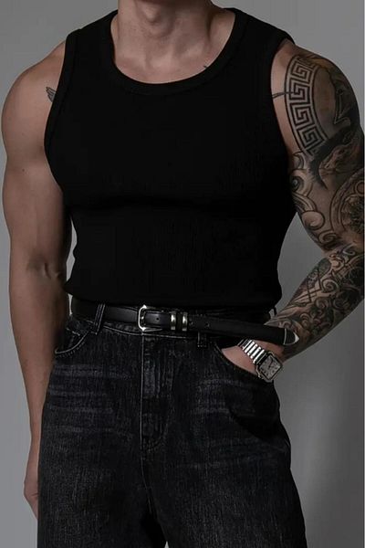 NO 601 Men's Black Slimfit Camisole Rib Plain Tank Undershirt