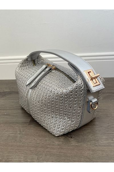 Lunova Silver Women's Straw Interlocking Sandal Hand and Shoulder Bag