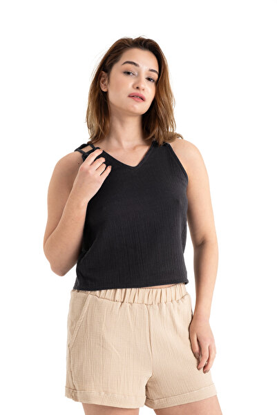 PANCHY CANKY Bluză crop cu 2 straturi, 100% bumbac, muselină, cu detaliu pe u...