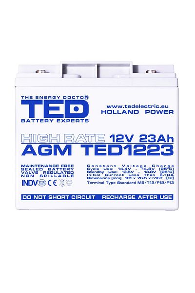 TED Electric Baterie reîncărcabilă M5 12V staționară VRLA 23Ah AGM de mare putere, dimensiuni 181x76x167 mm, TED1223
