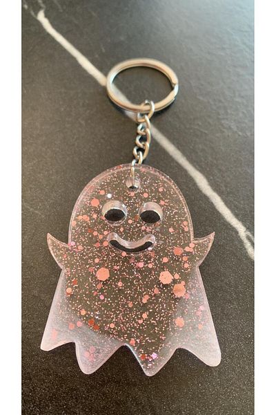 MISS GOLDEN Transparent Pink Glitter Gold Accessory Ghost Shape Keychain Handmade Epoxy Gift