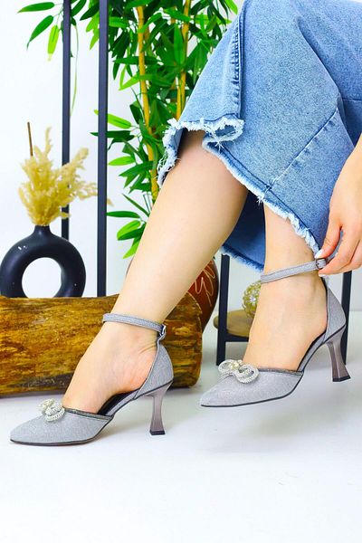 Weynes Women's Silver Stone Daisy Detailed Heeled Shoes Wsb3064