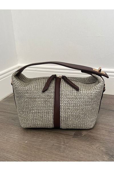 Lunova Brown Women's Linen Locked Sandal Hand and Shoulder Bag