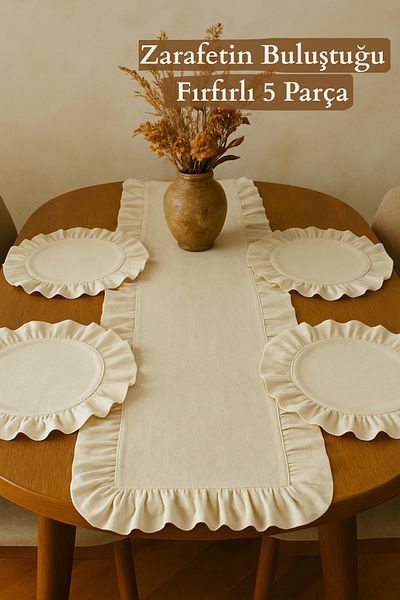 KAMİZ 5 Piece Dowry Set with Ruffles - Ruffled Linen Runner 4 Pieces Ruffled American Service Supla Presentation