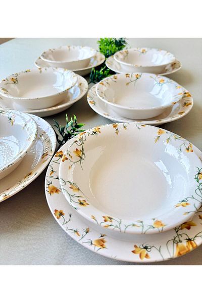 Yiğit Seramik Züccaciye Yellow Crocus Model 12 Piece Modern Dinner Set (6 Soup + 6 Dinner Plates)