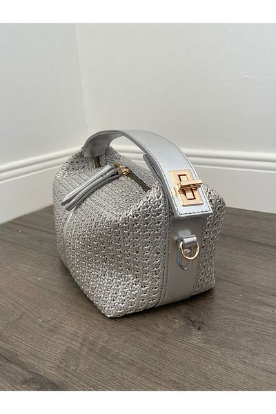 Lunova Silver Women's Straw Interlocking Sandal Hand and Shoulder Bag
