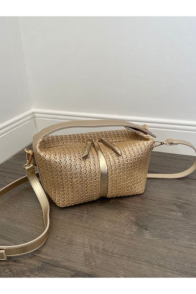 Lunova Gold Women's Straw Interlocking Sandal Hand and Shoulder Bag