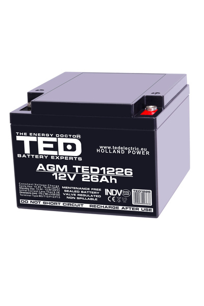 TED Electric Baterie reîncărcabilă M5 12V staționară VRLA 26Ah AGM, dimensiuni 165x175x125 mm, TED1226