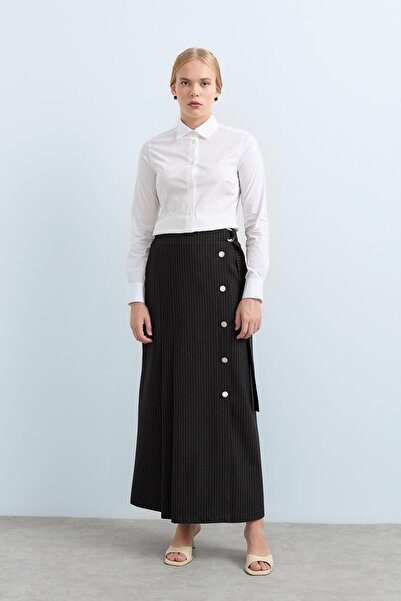 Nihan Pileli Düğme Detaylı Etek Füme