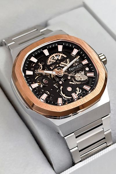 Ferrucci Automatic Mechanism Steel Cord&Case Men Wrist Watch 3 Atm Silver-Rose Sdfer169