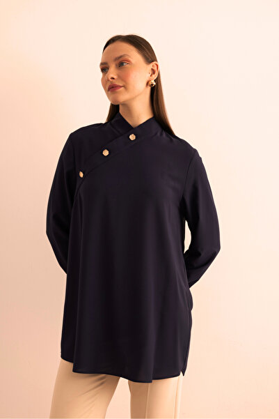 Aker Yakası Asimetrik , Metal Düğme Detaylı Dokuma Tunik