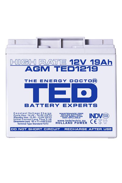 TED Electric Baterie reîncărcabilă F3 12V staționară VRLA de mare capacitate 19Ah AGM, dimensiuni 181x76x167 mm, TED1219
