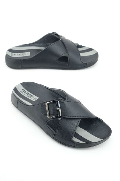 GEZER Men's Summer Single Buckle Adjustable Faux Leather Comfortable Sole Daily Slippers
