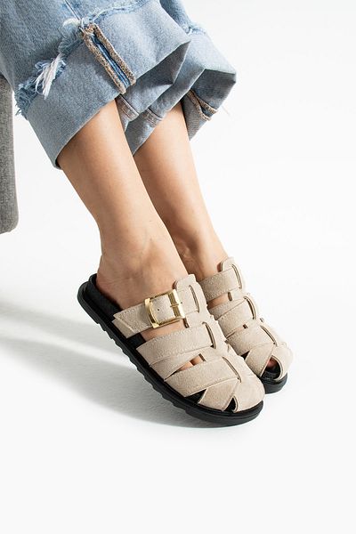 DUXAL SHOES Julia Women's Beige Buckle Detailed Slippers Sandals