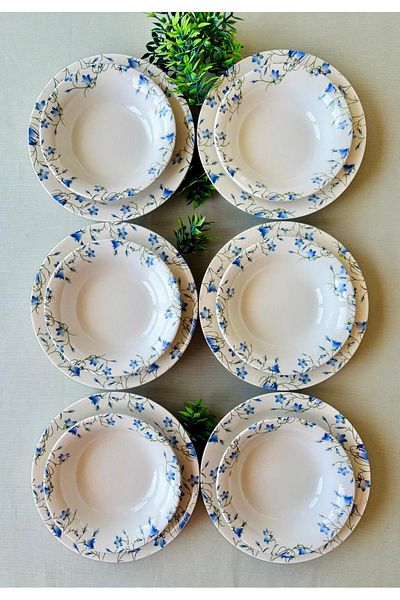Yiğit Seramik Züccaciye Blue Crocus Model 12 Piece Modern Dinner Set (6 Soup + 6 Dinner Plates)