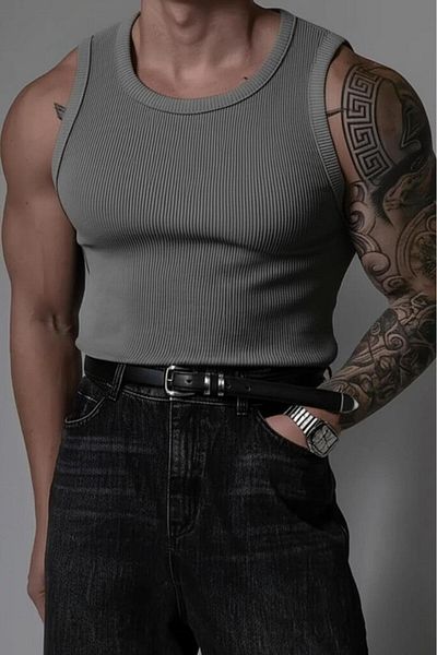 NO 601 Men's Dark Gray Slimfit Camisole Ribbed Plain Tank Top Undershirt