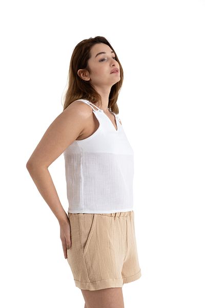 PANCHY CANKY Μπλούζα Crop με λεπτομέρεια ώμου 2 στρώσεων από 100% βαμβακερή μουσελίνα