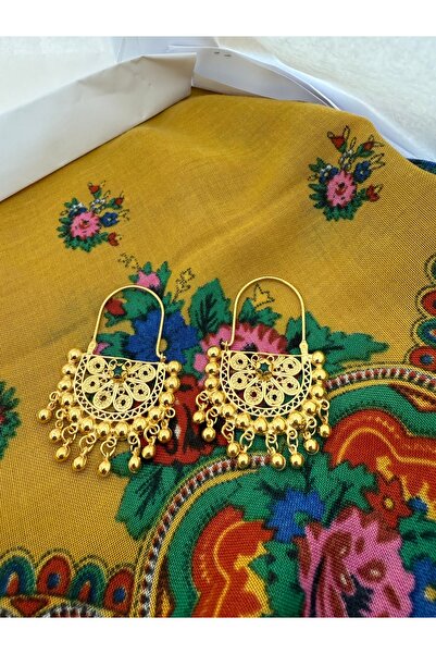 Midyat Artuklu Gümüşçülük Yeşil Akik Taşlı Gümüş Altın Kaplama Top Sallantılı Yöresel Küpe